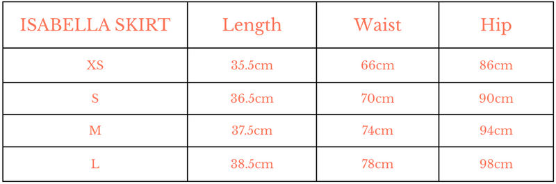 Size Guide for The Isabella Skirt