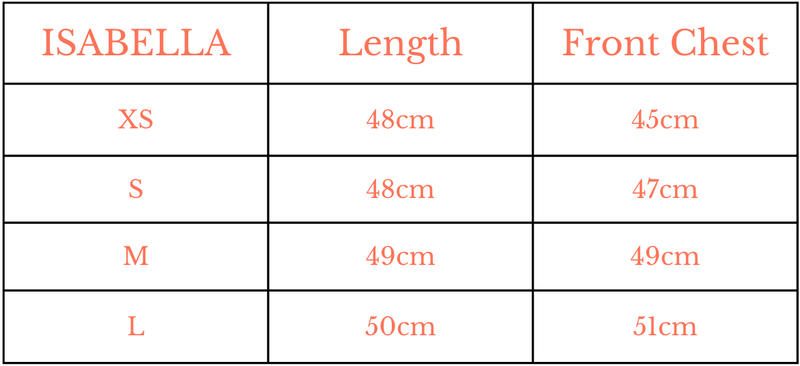 Size Guide for The Isabella Top