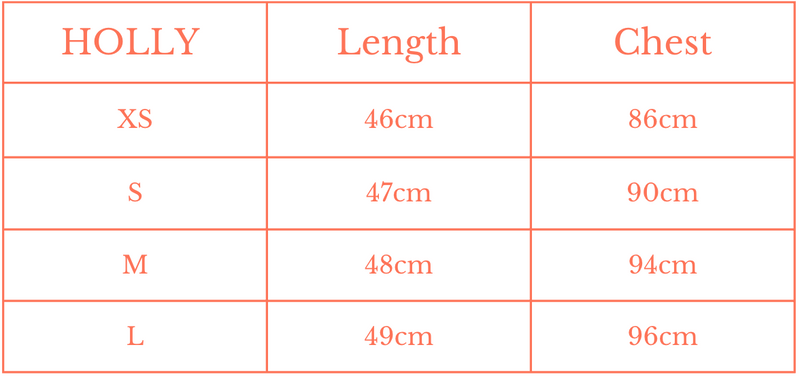 Size Guide for The Holly Top